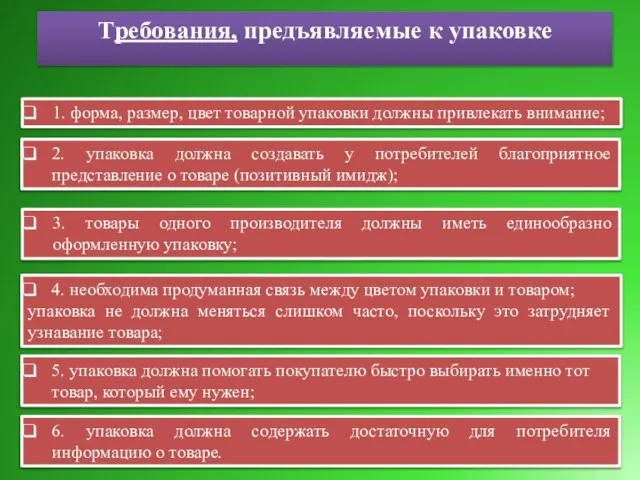 Требования, предъявляемые к упаковке 4. необходима продуманная связь между цветом упаковки