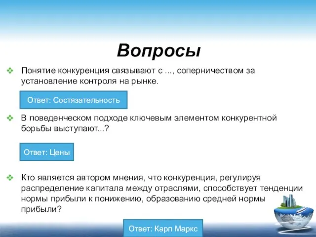 Вопросы Понятие конкуренция связывают с ..., соперничеством за установление контроля на