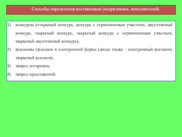 конкурсы (открытый конкурс, конкурс с ограниченным участием, двухэтапный конкурс, закрытый конкурс,