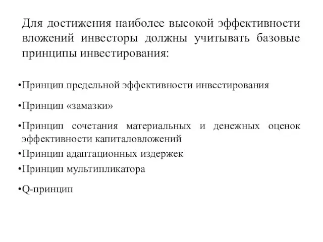 Для достижения наиболее высокой эффективности вложений инвесторы должны учитывать базовые принципы