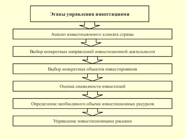 Этапы управления инвестициями Анализ инвестиционного климата страны Выбор конкретных направлений инвестиционной