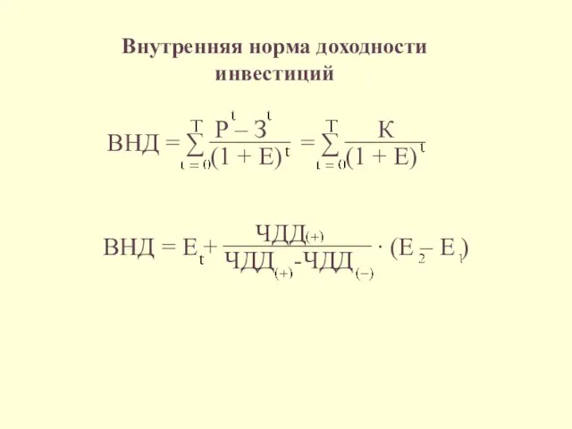 Внутренняя норма доходности инвестиций ВНД = ∑ Р – З (1