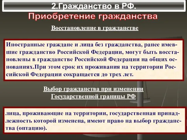 2.Гражданство в РФ. Приобретение гражданства Восстановление в гражданстве Иностранные граждане и