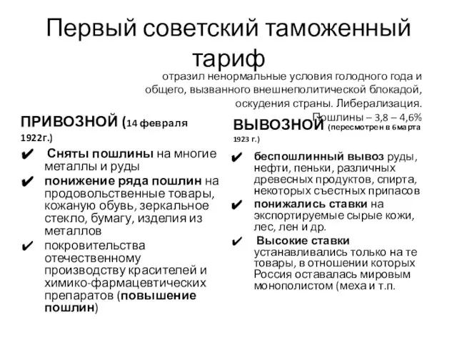 Первый советский таможенный тариф ПРИВОЗНОЙ (14 февраля 1922г.) Сняты пошлины на