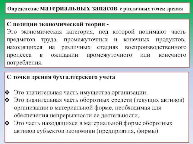 Определение материальных запасов с различных точек зрения С позиции экономической теории