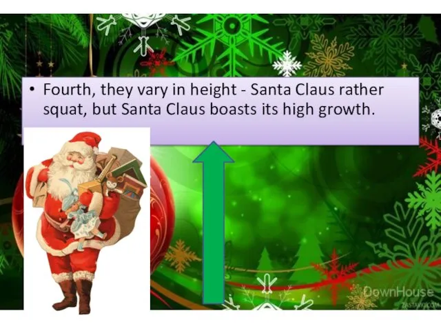 Fourth, they vary in height - Santa Claus rather squat, but