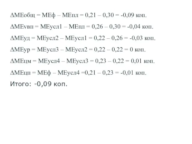 ΔМЕобщ = МЕф – МЕпл = 0,21 – 0,30 = -0,09