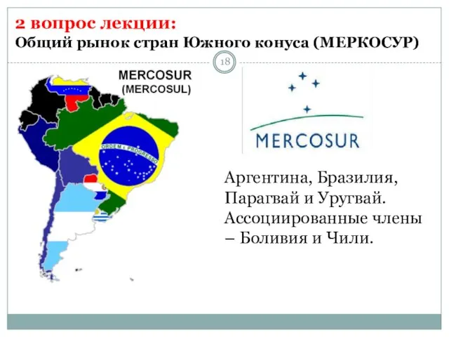 2 вопрос лекции: Общий рынок стран Южного конуса (МЕРКОСУР) Аргентина, Бразилия,