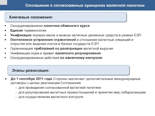 Соглашение о согласованных принципах валютной политики Скоординированная политика обменного курса Единая