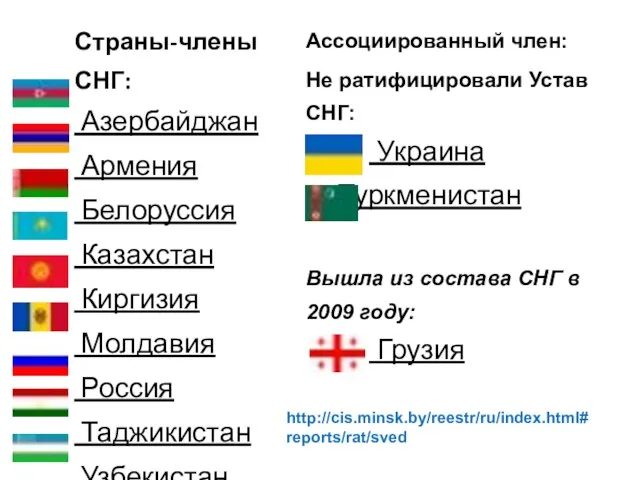 Страны-члены СНГ: Азербайджан Армения Белоруссия Казахстан Киргизия Молдавия Россия Таджикистан Узбекистан