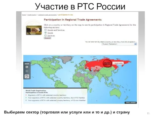 Участие в РТС России Выбираем сектор (торговля или услуги или и то и др.) и страну