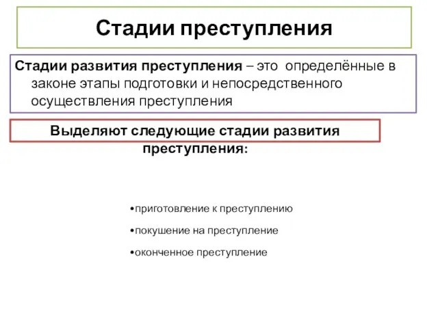 Стадии преступления Стадии развития преступления – это определённые в законе этапы