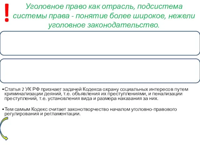 Уголовное право как отрасль, подсистема системы права - понятие более широкое, нежели уголовное законодательство. !