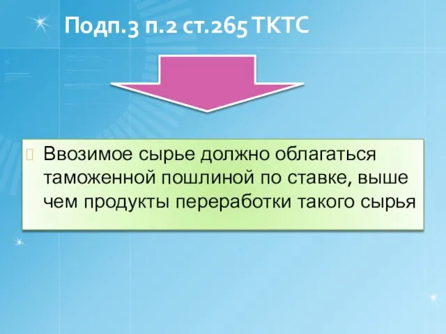 Подп.3 п.2 ст.265 ТКТС Ввозимое сырье должно облагаться таможенной пошлиной по