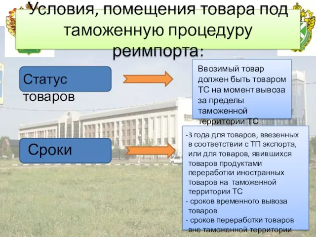 Российская таможенная академия Условия, помещения товара под таможенную процедуру реимпорта: Статус