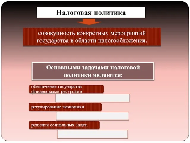 Налоговая политика совокупность конкретных мероприятий государства в области налогообложения. Основными задачами налоговой политики являются: