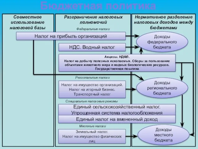 Бюджетная политика Налог на прибыль организаций НДС. Водный налог Акцизы. НДФЛ.