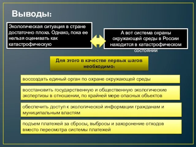 Выводы: Экологическая ситуация в стране достаточно плоха. Однако, пока ее нельзя