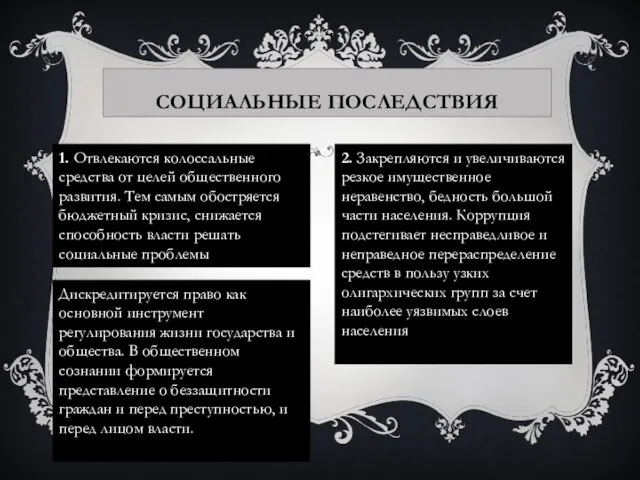 Социальные последствия 1. Отвлекаются колоссальные средства от целей общественного развития. Тем