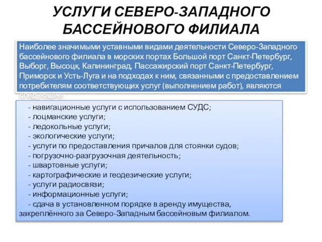 УСЛУГИ СЕВЕРО-ЗАПАДНОГО БАССЕЙНОВОГО ФИЛИАЛА Наиболее значимыми уставными видами деятельности Северо-Западного бассейнового