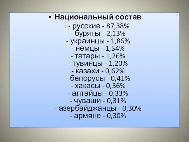 Национальный состав - русские - 87,38% - буряты - 2,13% -