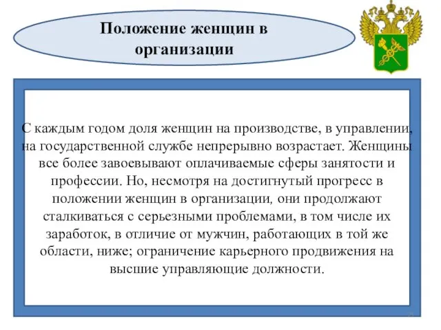 Положение женщин в организации С каждым годом доля женщин на производстве,