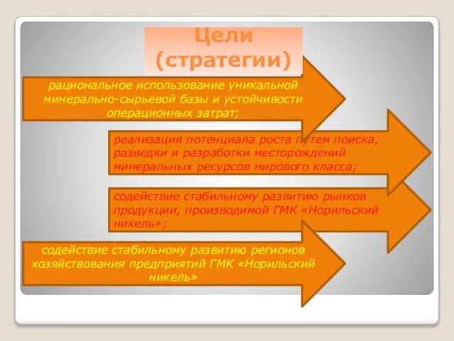 содействие стабильному развитию рынков продукции, производимой ГМК «Норильский никель»; реализация потенциала