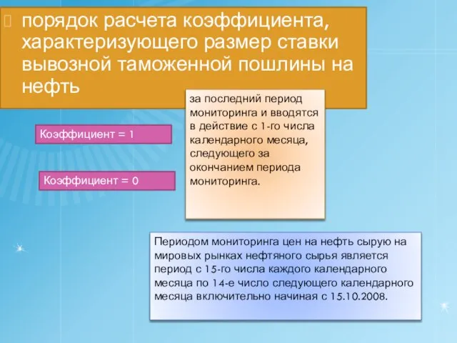 порядок расчета коэффициента, характеризующего размер ставки вывозной таможенной пошлины на нефть