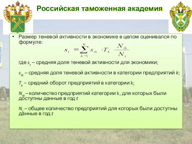 Российская таможенная академия Размер теневой активности в экономике в целом оценивался