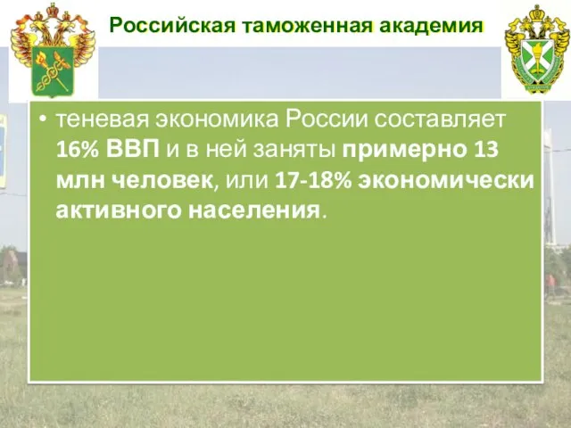Российская таможенная академия теневая экономика России составляет 16% ВВП и в