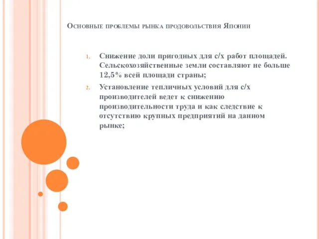 Основные проблемы рынка продовольствия Японии Снижение доли пригодных для с/х работ