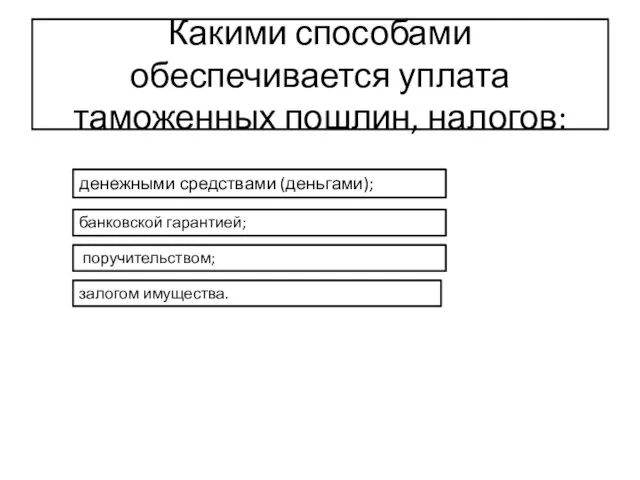 Какими способами обеспечивается уплата таможенных пошлин, налогов: денежными средствами (деньгами); банковской гарантией; поручительством; залогом имущества.