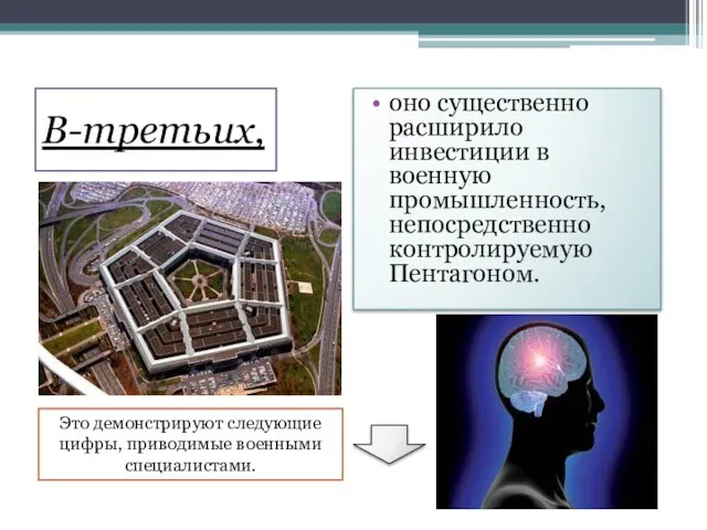 В-третьих, оно существенно расширило инвестиции в военную промышленность, непосредственно контролируемую Пентагоном.