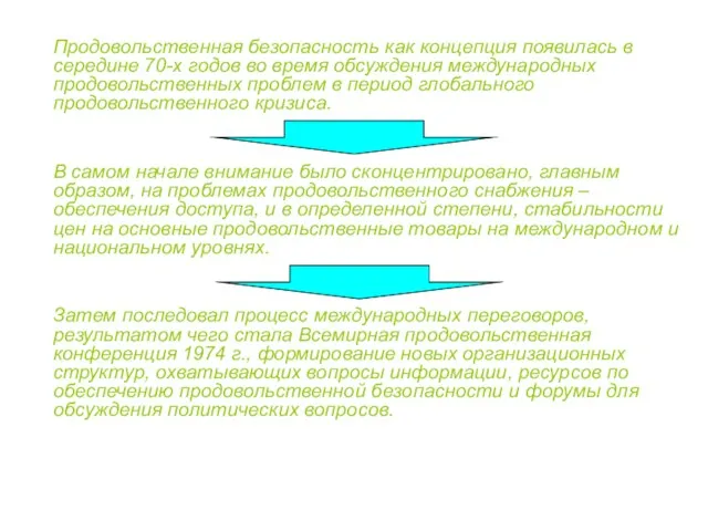 Продовольственная безопасность как концепция появилась в середине 70-х годов во время