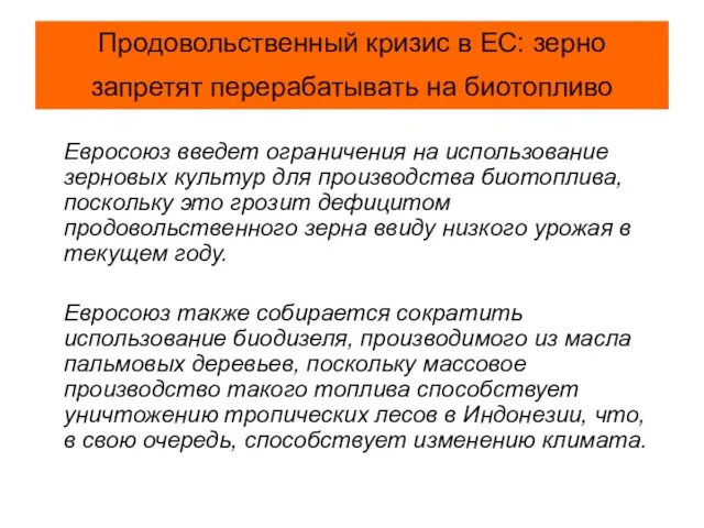 Продовольственный кризис в ЕС: зерно запретят перерабатывать на биотопливо Евросоюз введет