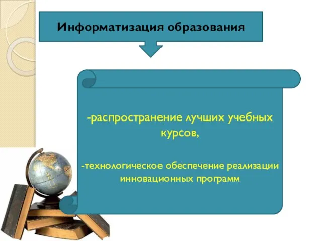 Информатизация образования -распространение лучших учебных курсов, -технологическое обеспечение реализации инновационных программ