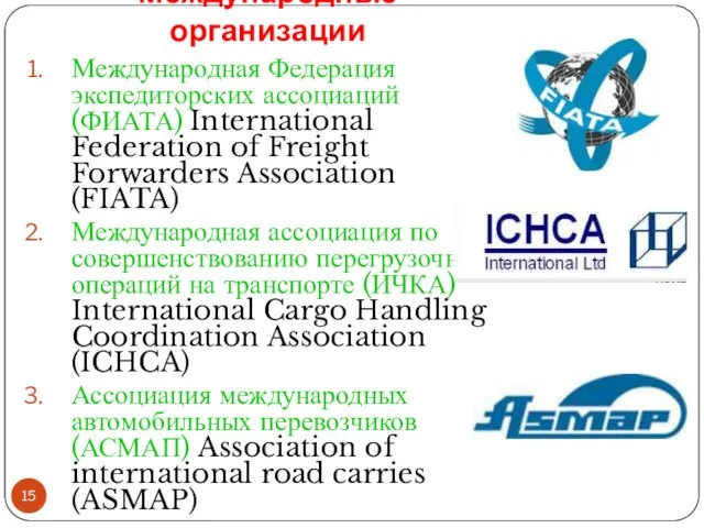 Международные организации Международная Федерация экспедиторских ассоциаций (ФИАТА) International Federation of Freight