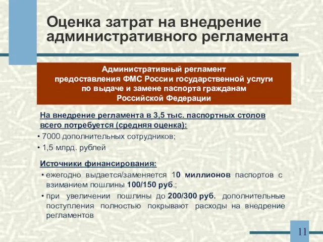 Оценка затрат на внедрение административного регламента Административный регламент предоставления ФМС России