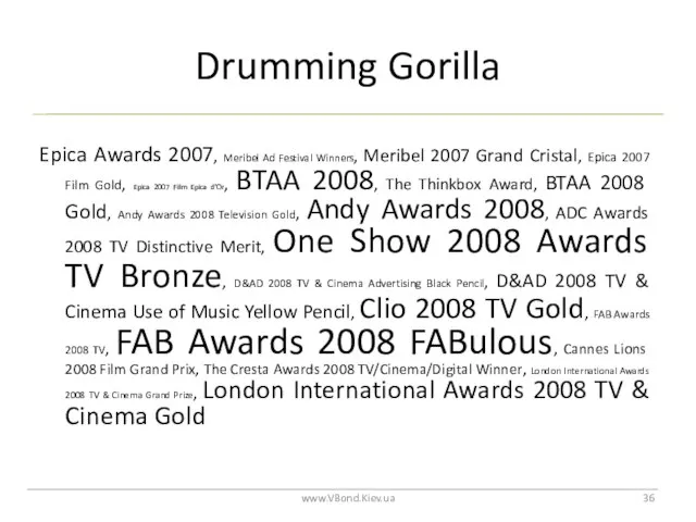 Drumming Gorilla www.VBond.Kiev.ua Epica Awards 2007, Meribel Ad Festival Winners, Meribel