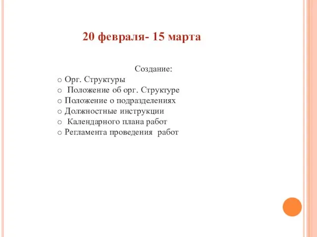 20 февраля- 15 марта Создание: Орг. Структуры Положение об орг. Структуре