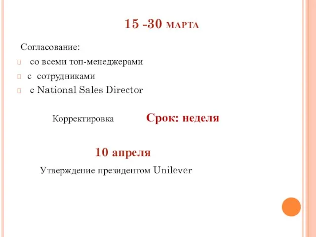 15 -30 марта Согласование: со всеми топ-менеджерами с сотрудниками с National