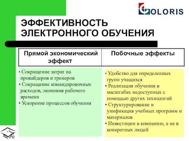 ЭФФЕКТИВНОСТЬ ЭЛЕКТРОННОГО ОБУЧЕНИЯ Сокращение затрат на провайдеров и тренеров Сокращение командировочных