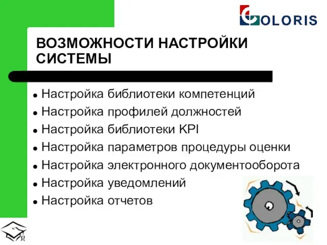 ВОЗМОЖНОСТИ НАСТРОЙКИ СИСТЕМЫ Настройка библиотеки компетенций Настройка профилей должностей Настройка библиотеки