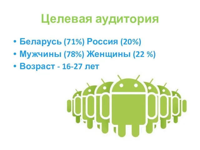 Целевая аудитория Беларусь (71%) Россия (20%) Мужчины (78%) Женщины (22 %) Возраст - 16-27 лет