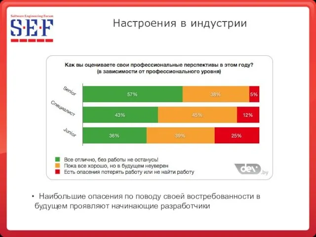 Настроения в индустрии Наибольшие опасения по поводу своей востребованности в будущем проявляют начинающие разработчики