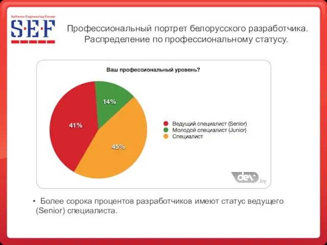 Профессиональный портрет белорусского разработчика. Распределение по профессиональному статусу. Более сорока процентов