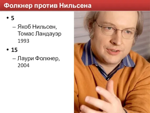 Фолкнер против Нильсена 5 Якоб Нильсен, Томас Ландауэр 1993 15 Лаури Фолкнер, 2004