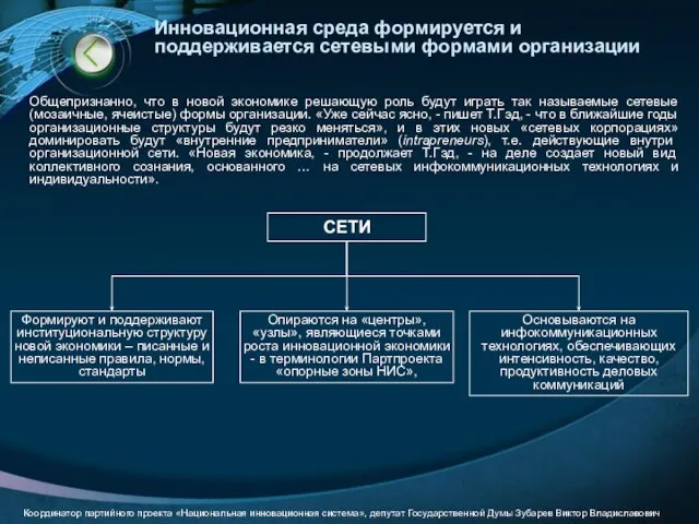 Инновационная среда формируется и поддерживается сетевыми формами организации Общепризнанно, что в