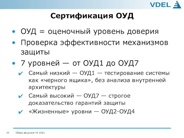 Сертификация ОУД ОУД = оценочный уровень доверия Проверка эффективности механизмов защиты