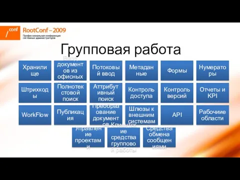 Групповая работа Хранилище Ввод документов из офисных программ Потоковый ввод Метаданные